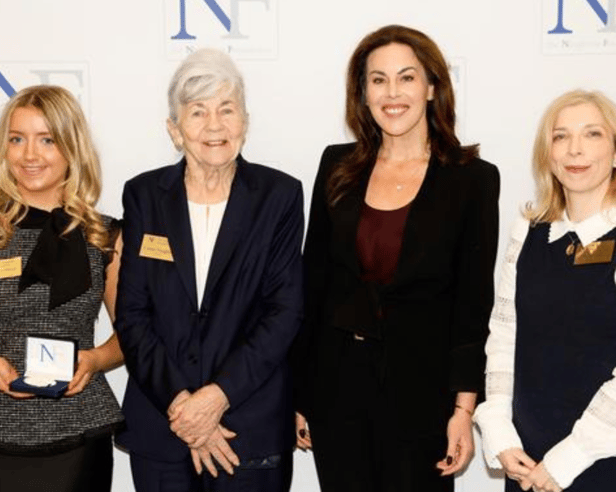  Róisín O’Brien from Salerno Secondary School, Carmel Naughton, Minister for Health Jennifer Carroll MacNeill and Aoife Ahern from UCD at the 2026 Naughton Foundation Scholarship awards.