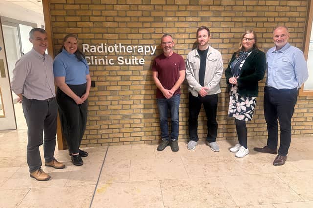 Radiotherapy Photography Competition winners pictured with Radiotherapy Staff from left to right are: Pat Shiels, Radiotherapy Services Manager; Paula Powell, Lead AHP Governance Safety and Research; Paul Grieve (winner); Mark Anderson (winner); Dalia Kasperaviciene (winner) and Brian Telford, Vice-Chair, Western Trust