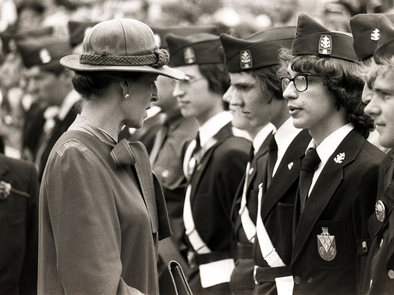 1980. Princess Alexandra speaks to members of the Boys Brigade at the official opening of Arkwright House, Preston