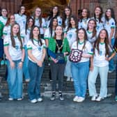 Mayor of Derry City and Strabane District Council, Grace Uí Niallais, hosted a reception for Urney St Columba’s GFC Ladies youth teams to mark their achievements. The Minor Girls team won the Gold League with vice-captains, Aoibhe McDevitt and Abi Moore, bringing the winners trophy. With the team are coaches, Brian O’Kane, Sean McDevitt, manager and Martin McLaughlin.