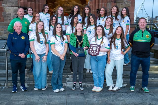 Mayor of Derry City and Strabane District Council, Grace Uí Niallais, hosted a reception for Urney St Columba’s GFC Ladies youth teams to mark their achievements. The Minor Girls team won the Gold League with vice-captains, Aoibhe McDevitt and Abi Moore, bringing the winners trophy. With the team are coaches, Brian O’Kane, Sean McDevitt, manager and Martin McLaughlin.
