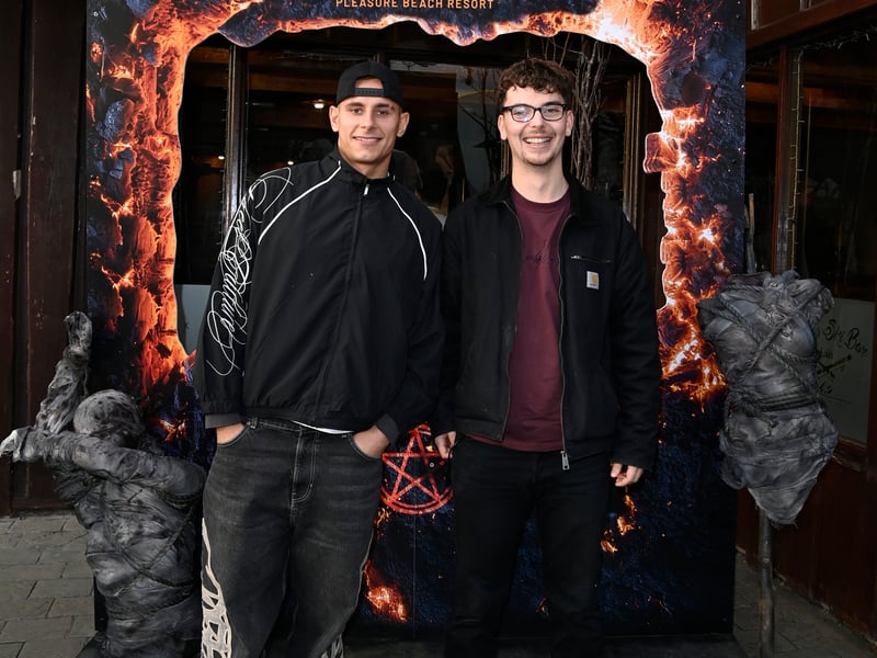 Love Island 2026 star Fitzy (left) visits Blackpool Pleasure Beach Resort's Journey to Hell