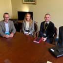 Rhonda Williamson, DfC, Sinn Féin MLA Philip McGuigan, Ballycastle Sinn Féin Cllr Cara McShane, Niall McGurk, Head of Prosperity and Place, CCGBC, Gordon Lyons MLA, Minister for Communities met recently to discuss Ballycastle town centre development