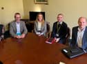 Rhonda Williamson, DfC, Sinn Féin MLA Philip McGuigan, Ballycastle Sinn Féin Cllr Cara McShane, Niall McGurk, Head of Prosperity and Place, CCGBC, Gordon Lyons MLA, Minister for Communities met recently to discuss Ballycastle town centre development