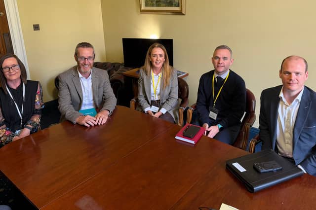 Rhonda Williamson, DfC, Sinn Féin MLA Philip McGuigan, Ballycastle Sinn Féin Cllr Cara McShane, Niall McGurk, Head of Prosperity and Place, CCGBC, Gordon Lyons MLA, Minister for Communities met recently to discuss Ballycastle town centre development