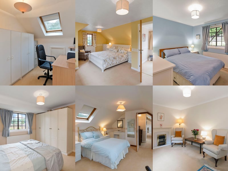 The six bedrooms each enjoy light decoration and soft carpeting. Divided equally, three of the rooms are on the first floor off a landing with eaves storage. These include the dual-aspect principal bedroom (which has generous built-in wardrobes), a second double-sized bedroom (with a washbasin), and a versatile single bedroom/study with further eaves storage.