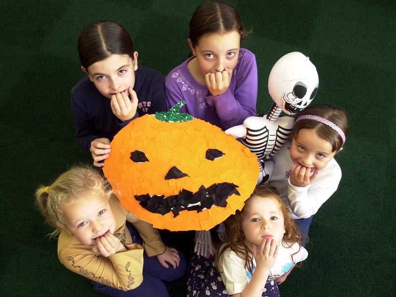 28/10/2002 
Youngsters, from left, Sian Cosgrove, aged seven, Siobhan Jasper, Amy Bryan, both aged ten, Hayley Bryan and Nicole Jasper, both aged five, are pictured with the giant pumpkin they made out of card and coloured paper to help decorate Sprotbrough Library for Halloween.


