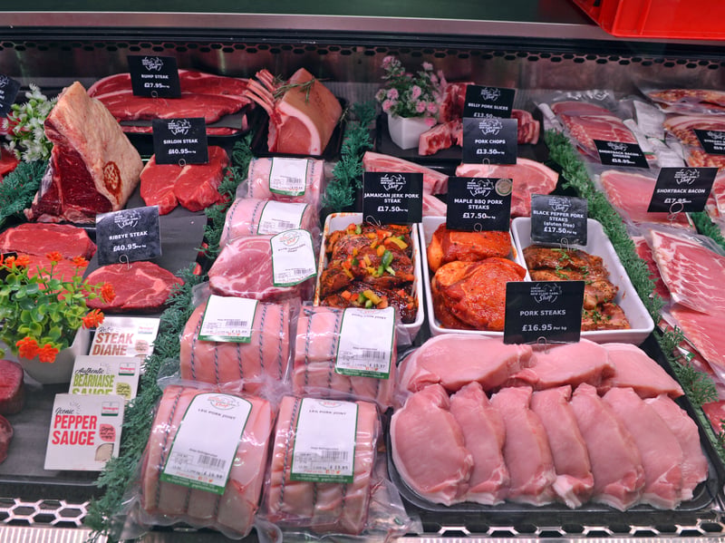 A full butchers counter, with beef, lamb and pork reared on the family farm and on farms nearby.