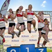 The Galway City Harriers AC, team, from left, Matilda McGlynn, Katie McGlynn, Thea Lynch, Elliana Magnetti, Alva Graha and, Maneli Fazeli after winning the U-13 Girls' 4x500m Relay during the Autumn Open Cross Country International at the Sport Ireland Campus in Dublin. 