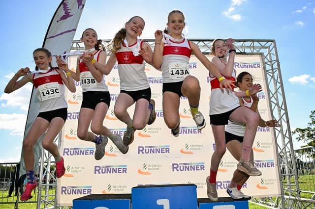 The Galway City Harriers AC, team, from left, Matilda McGlynn, Katie McGlynn, Thea Lynch, Elliana Magnetti, Alva Graha and, Maneli Fazeli after winning the U-13 Girls' 4x500m Relay during the Autumn Open Cross Country International at the Sport Ireland Campus in Dublin.