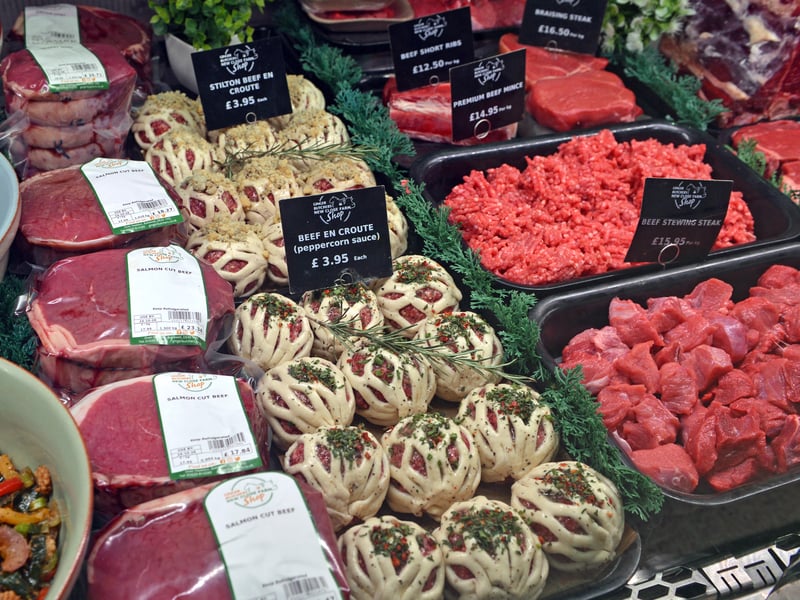 All the butchery and baking is done in the family's own cutting room and bakehouse at
the farm and delivered to the shops. Beef is hung on the bone for a minimum of four weeks.