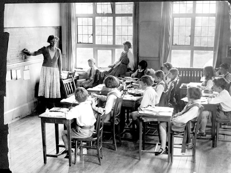 Girls and boys in class alongside each other at Bedales school, Petersfield, Hampshire, 1934