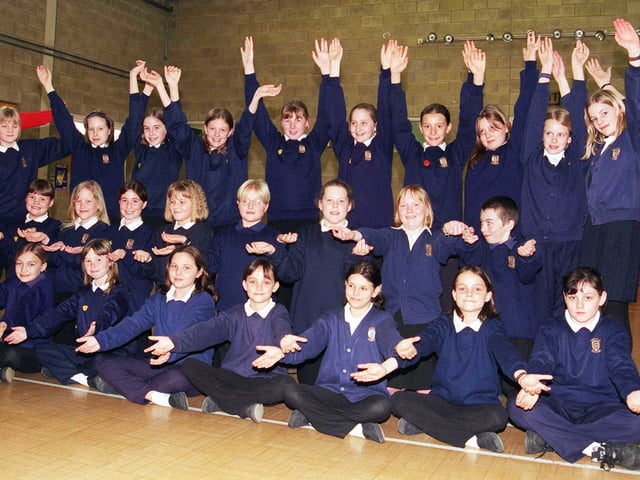 Y6 pupils of Intake School Drama Club who are going to perform at the Harrogate 2000 festival . Also pictured are teachers Mrs Anita Riley and Miss Judith Wade, March 13, 2000