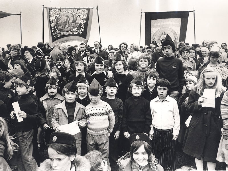 Intake District Churches and Sunday School assemble at Hollinsend Recreation Ground, Gleadless  for the Whit Sing. May 29th 1977.