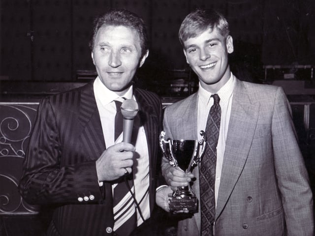 The Sheffield Wednesday FC Supporters Club Dinner and Presentation of Awards was held at the Embassy Nightspot, Intake, Sheffield, and our picture shows the winner of the Junior Player of the Year, Carl Bradshaw, receiving his award from Manger, Howard Wilkinson - 27th April 1987