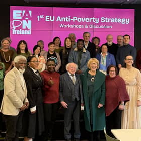 Michael D Higgins with his wife Sabina and participants at EAPN Ireland’s event at the PorterShed on Friday.