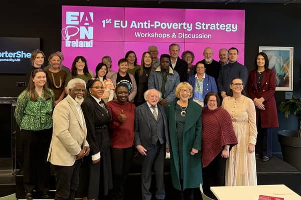 Michael D Higgins with his wife Sabina and participants at EAPN Ireland’s event at the PorterShed on Friday.