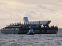 The First section of the Narrow Water bridge being shipped into Carlingford Bay 
