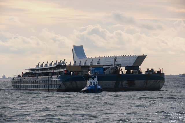 The First section of the Narrow Water bridge being shipped into Carlingford Bay