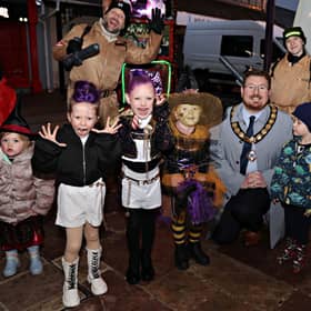 Deputy Mayor Richard Stewart with some of the Scary Ones to be judged the scariest at the Ballymoney Halloween last year.    WK44-25KC80BM