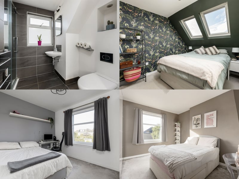 The property offers three generous double bedrooms arranged over two floors. The master bedroom, top right, located on the upper level, benefits from built-in wardrobes, a stylish en-suite shower room, top left, and stunning views towards the Pentland Hills.