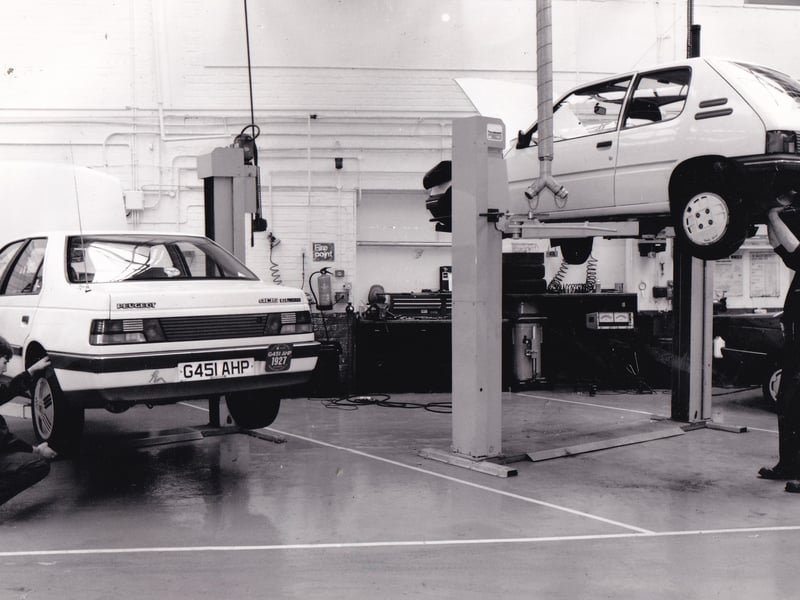 Part of the Lex Peugeot workshop at Alwoodley in May 1993.