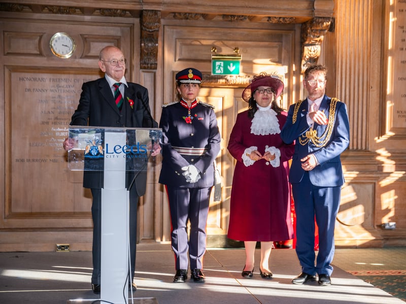 Professor Adeeba Malik CBE Lord-Lieutenant of West Yorkshire, Dr Ruby Bhatti OBE DL High Sheriff of West Yorkshire, and the Lord Mayor of Leeds Stephen Holroyd wearing their poppies