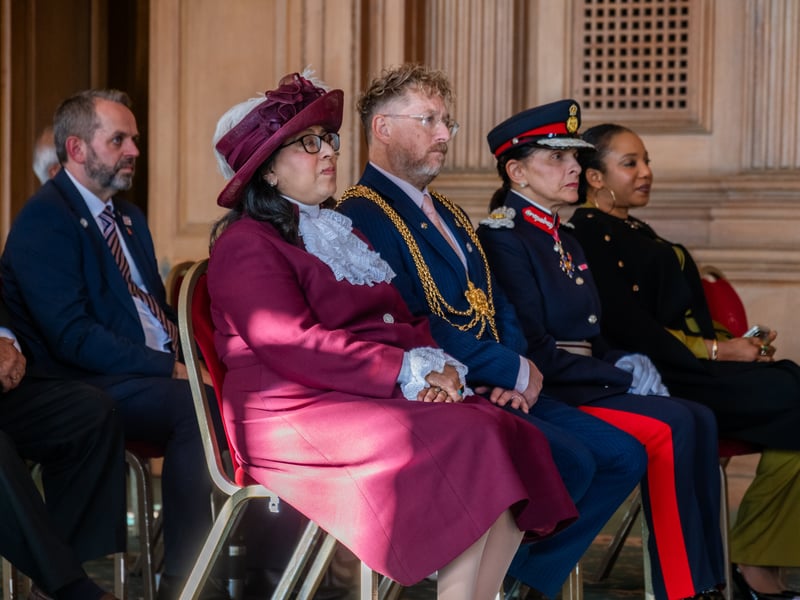 (Left to right) Dr Ruby Bhatti OBE DL High Sheriff of West Yorkshire, Lord Mayor of Leeds Stephen Holroyd and Professor Adeeba Malik CBE Lord-Lieutenant of West Yorkshire