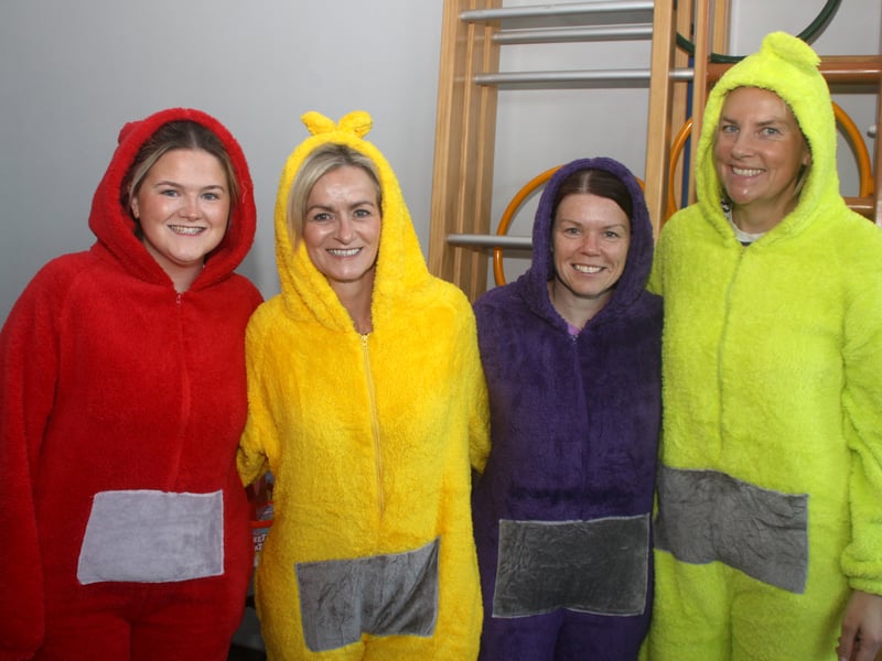 'Teletubbies' staff at Foley Primary School for Fancy Dress day. They are (l/r) P3 Teacher, Miss McArdle with Classroom Assistants, Olive, Caoimhe and Tinie.