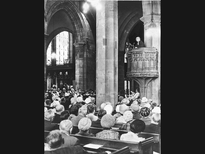 A packed congregation fills the pews inside St Peter's Church, Wolverhampton, during a service of Christian unity on July 3, 1966. Overseas delegates to the Methodist conference in Wolverhampton joined clergy from the local deanery and surrounding areas for the service, conducted by the Rector, Canon F W Cocks. The occasion was also marked as a civic event, with the Mayor, Mr F S Smith, together with members and officers of the corporation, processing in their formal robes from the town hall to the collegiate church. Were you among the congregation or civic procession at St Peter's on that summer afternoon in 1966?