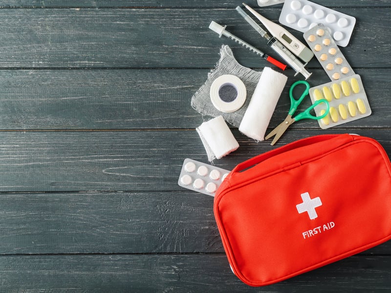 Have a first aid kit in case of injury, including items such as waterproof plasters, bandages, a thermometer, antiseptic, eyewash solution, sterile dressings and gloves, medical tape for dressings, and tweezers.