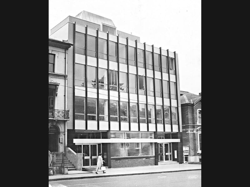 The striking, modern façade of the new branch offices for The General Accident, Fire and Life Assurance Corporation Ltd stands on Waterloo Road, Wolverhampton, captured in September 1966. Nestled alongside traditional period buildings, the contemporary glass-and-steel development highlighted the town's ongoing commercial modernization during the mid-1960s. Do you remember when these new commercial offices opened on Waterloo Road back in 1966?