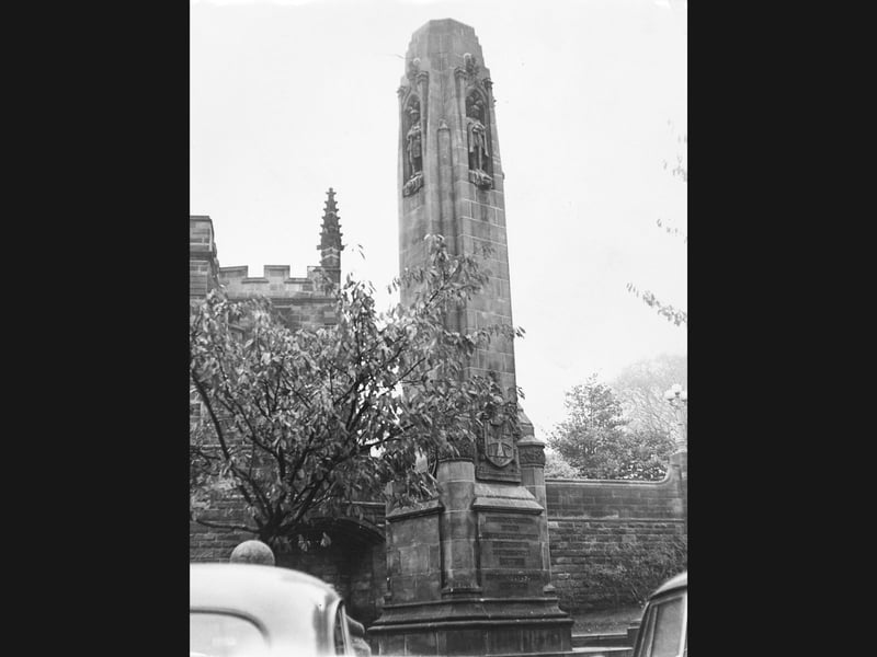 The war memorial stands tall in St Peter's Square, Wolverhampton, captured in November 1966. While the monument itself remained generally well maintained ahead of Remembrance Sunday, local attention was drawn to recent vandalism along the stone wall behind it. Do you remember visiting St Peter's Square or attending Remembrance services by the war memorial back in the autumn of 1966?