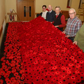 Members of the event fundraising committee, Amanda Brown, Richard Black, Robert Brown, Jim Hunter and Carol Robinson, with a display of poppies made from painted plastic bottle bottoms and crocheted and knit poppies which will be displayed inside and outside the church during the Festival of Poppies. AN442926
