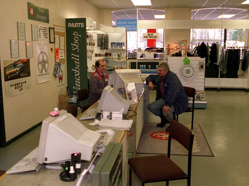 Parts reception counter at Menston Garage on Bradford Road in January 1998.