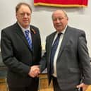 TUV leader, Jim Allister MP, right, congratulates the party's  candidate, Stevan Patterson, on his selection to contest the West Tyrone constituency in the 2027 Assembly election. SU5044CD26