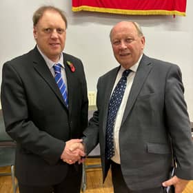 TUV leader, Jim Allister MP, right, congratulates the party's  candidate, Stevan Patterson, on his selection to contest the West Tyrone constituency in the 2027 Assembly election. SU5044CD26