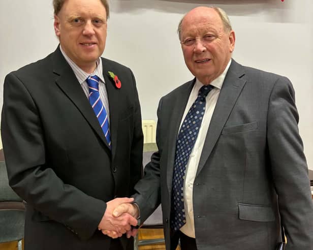 TUV leader, Jim Allister MP, right, congratulates the party's  candidate, Stevan Patterson, on his selection to contest the West Tyrone constituency in the 2027 Assembly election. SU5044CD26