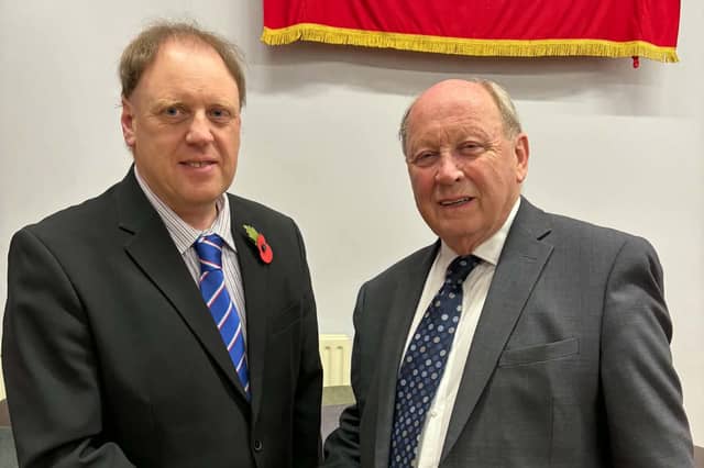 TUV leader, Jim Allister MP, right, congratulates the party's candidate, Stevan Patterson, on his selection to contest the West Tyrone constituency in the 2027 Assembly election. SU5044CD26