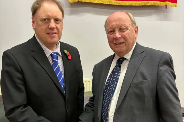TUV leader, Jim Allister MP, right, congratulates the party's candidate, Stevan Patterson, on his selection to contest the West Tyrone constituency in the 2027 Assembly election. SU5044CD26