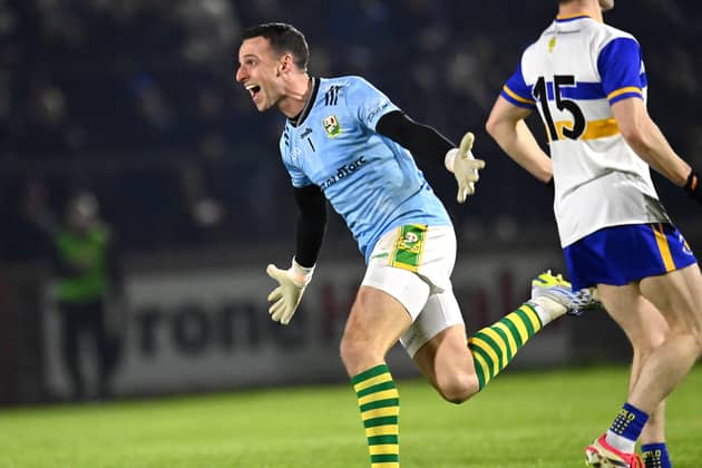 Niall Morgan, of Edendork, turns to celebrate after scoring an injury time score against  Errigal Ciaran during the Tyrone Senior Football Championship  final replay.