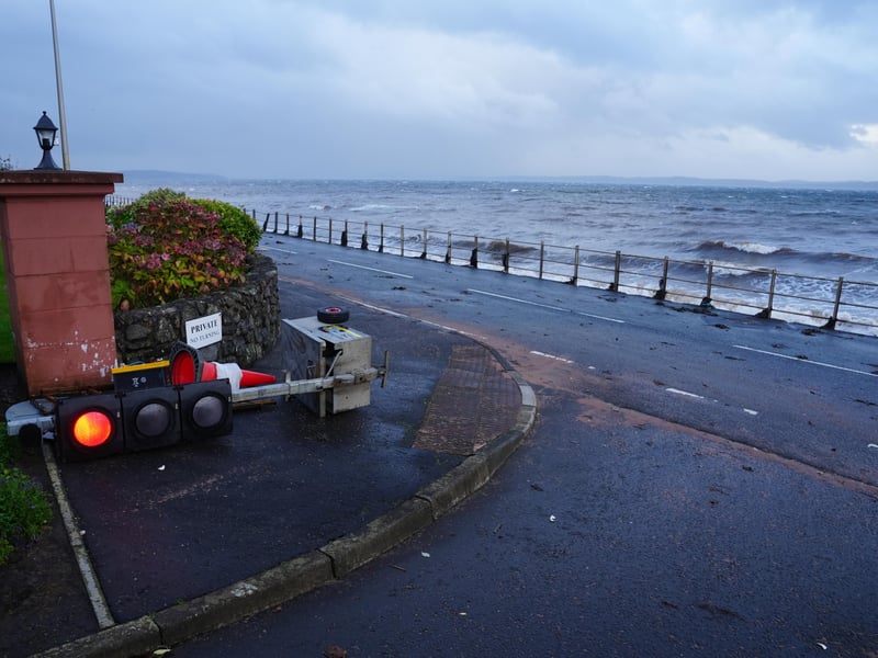 Blown over temporary traffic lights in Skelmorlie