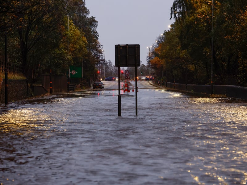 The A82 blocked at Dumbuck Quarry due to flooding caused by storm Boelo 