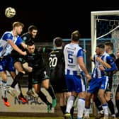 Goalmouth action during Friday night's Championship clash between Newry City and Newington. BMD04  Picture: Brendan Monaghan.