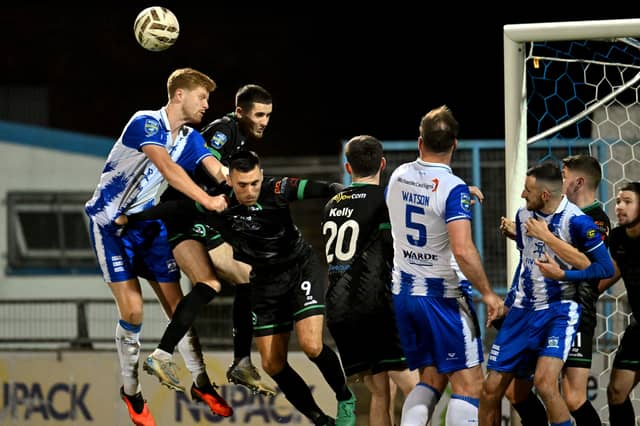 Goalmouth action during Friday night's Championship clash between Newry City and Newington. BMD04 Picture: Brendan Monaghan.