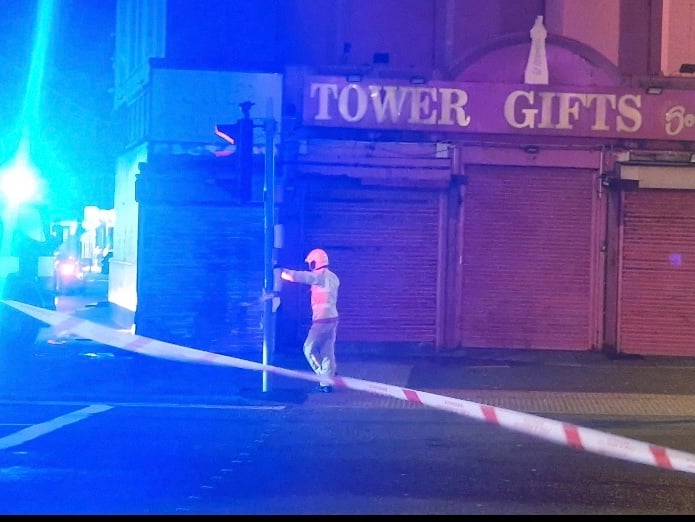 The fire brigade were on scene after a sign fell off of Tower Gifts last night.