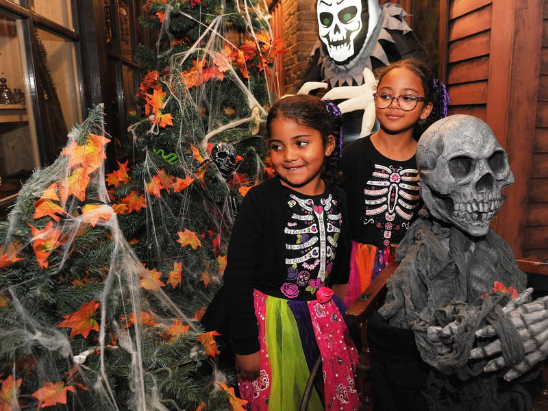 Sisters Mabel Agordo, four and Ayvah, six of Leeds  amongst the Halloween exhibits.