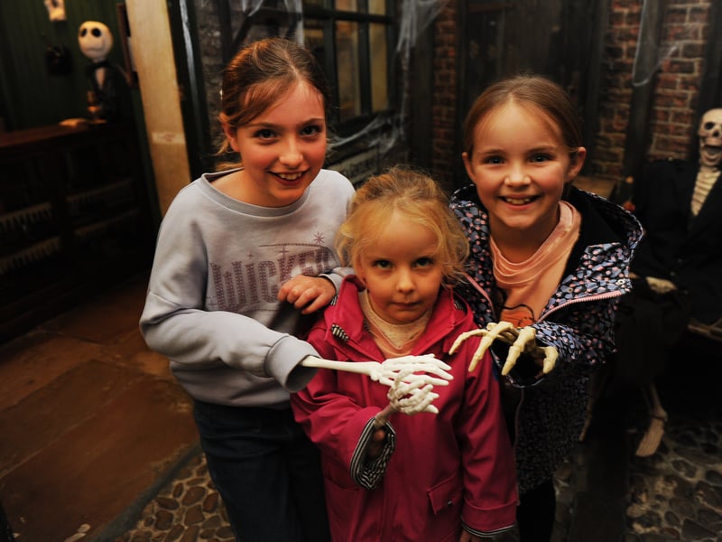 Lucy Marjoribanks, nine, Evie Nithsdale, five and Emily. Nithsdale, eight, of Leeds  at Abbey House Museum