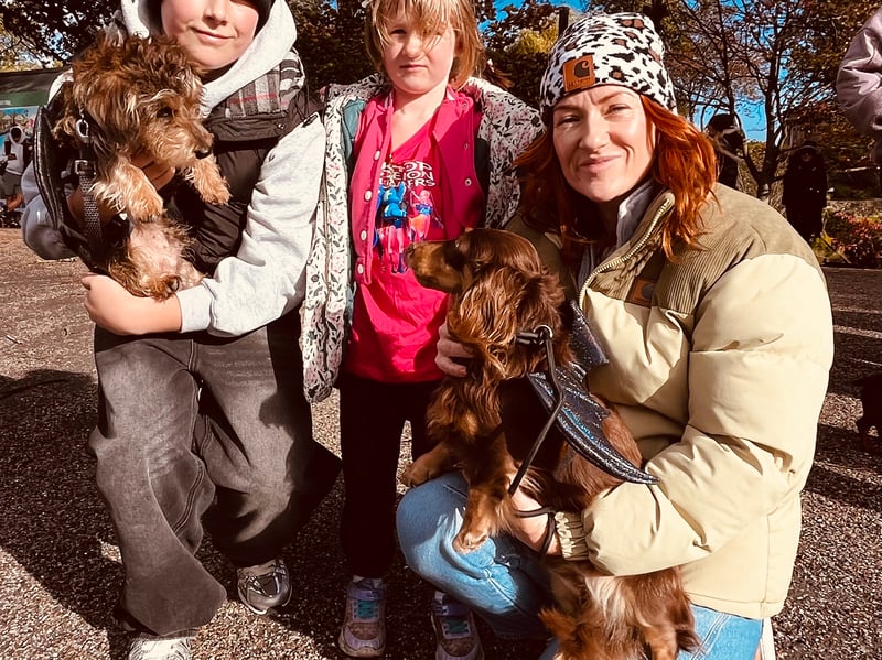 Alex Collins, Pippa Smith and Louise Smith, from Craven Arms, with dogs Darcey and Max