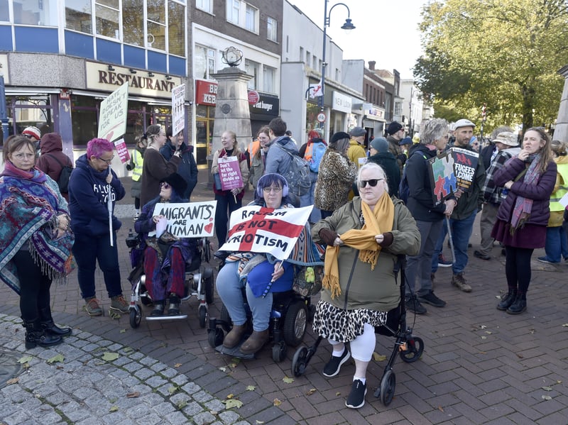 Ant-racism groups met in Gosport High Street before the anti-migrant march.

Picture: Sarah Standing (251026-1515)